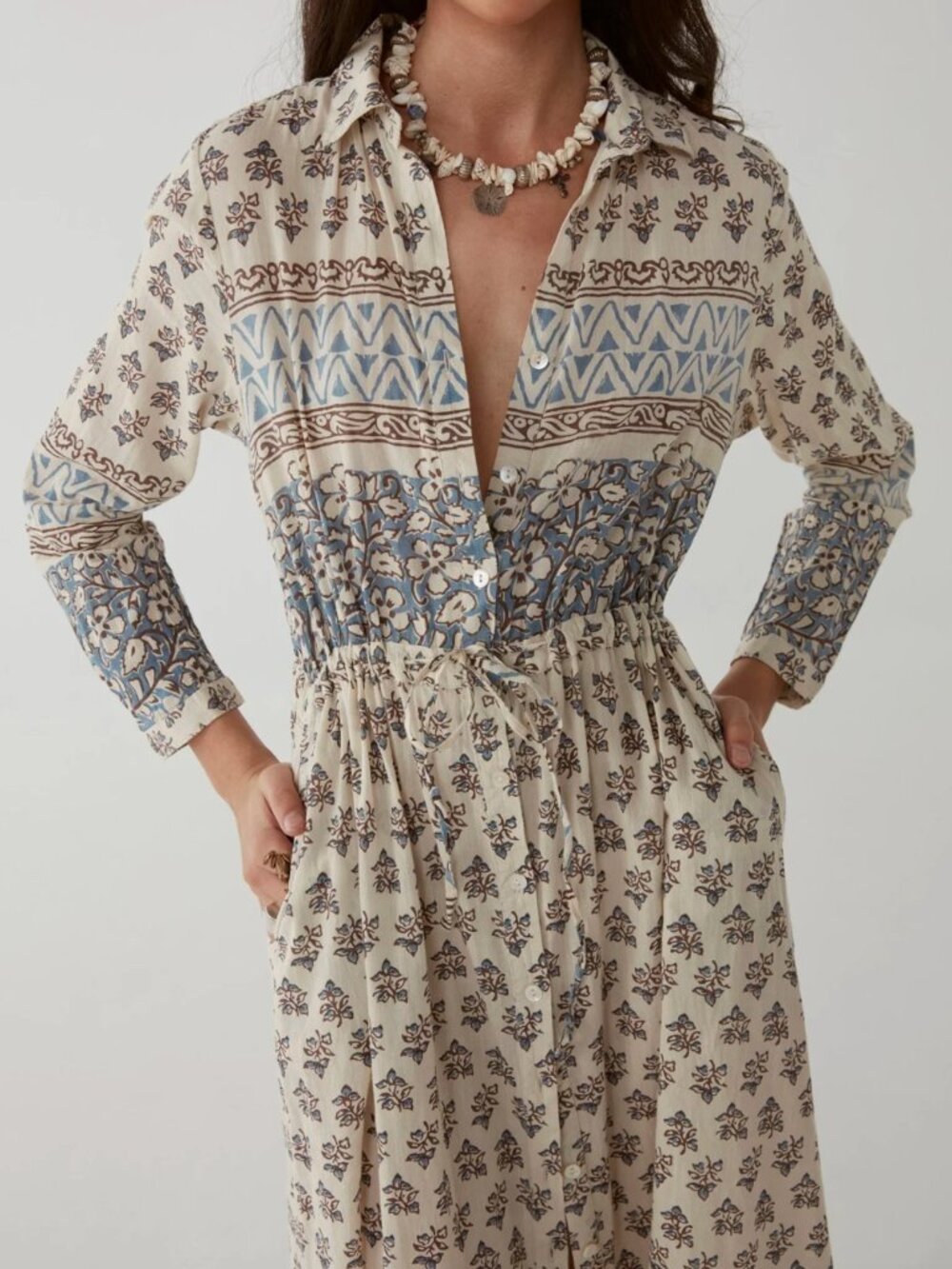 Maison Hotel Justine Floral Button Up Cotton Robe Dress in Ecru White + Blue, S - Picture 13 of 13